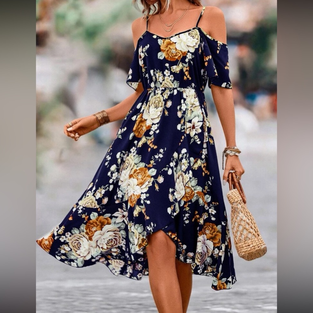 Black Asymmetrical Ruffled Midi Sundress